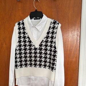 SHEIN Black and White Houndstooth V-Neck Sweater Vest